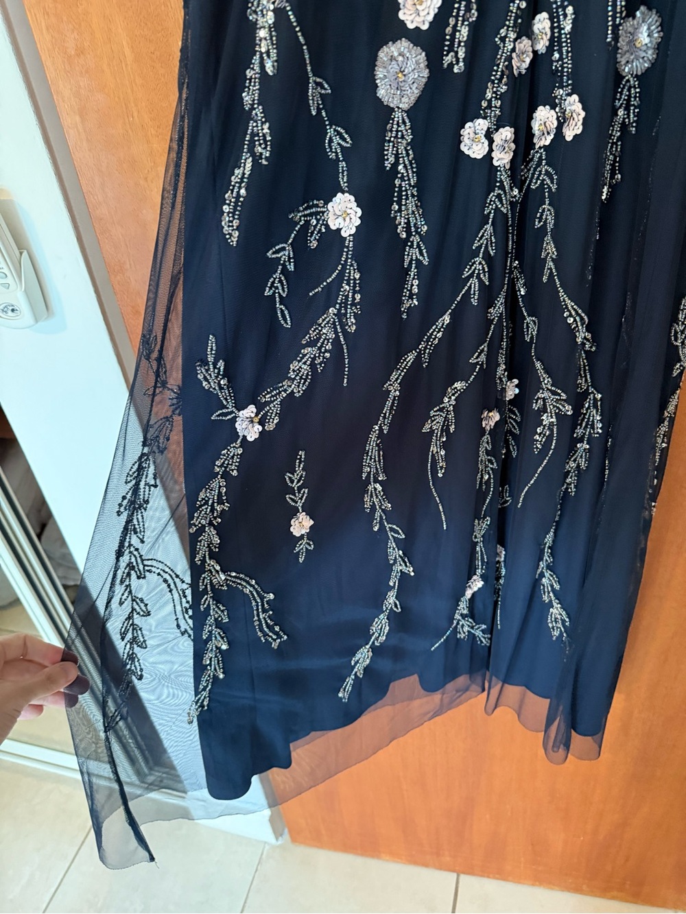 Adrianna Papell Navy Maxi Dress with Silver & Light Pink Floral Embroidery - Picture 5 of 6